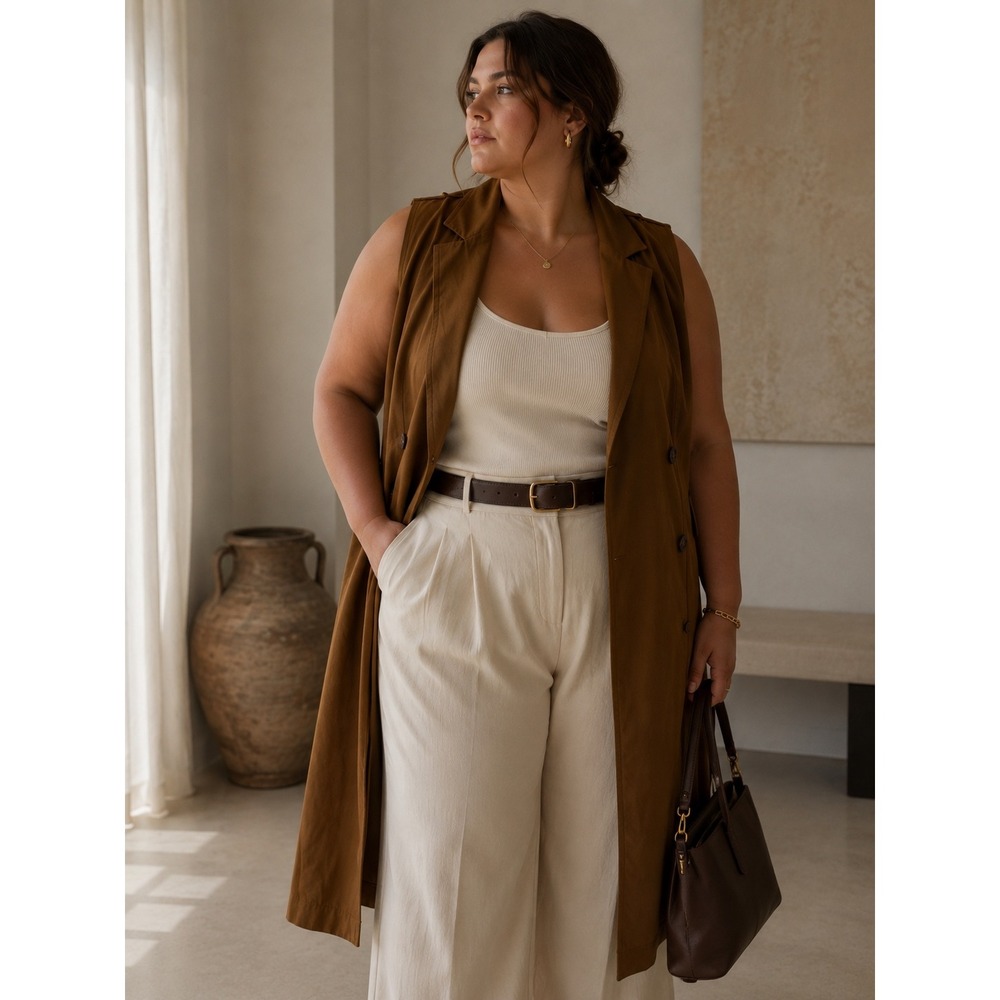 Worthington Womens XXL Tobacco Brown Sleeveless Trench Vest Duster Belted Jacket